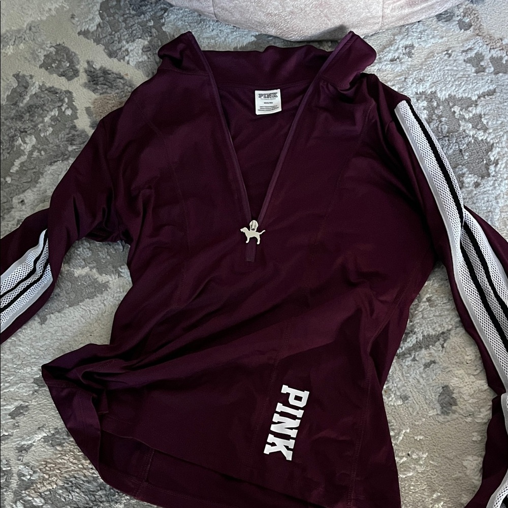 PINK Victoria's Secret Burgundy Hoodie with Striped Sleeves